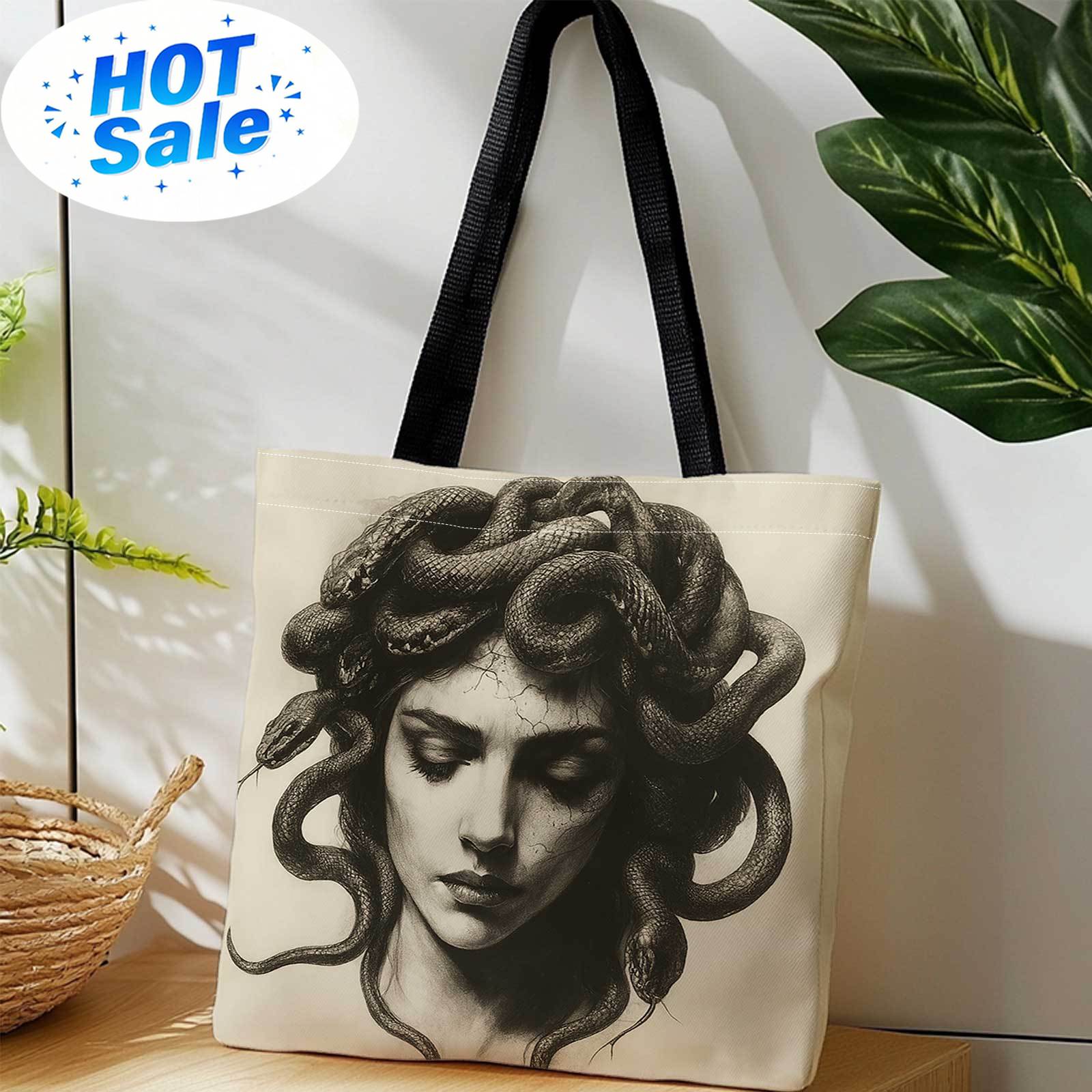 Reusable Bag - 양면 인쇄 쇼핑 토트백+메두사, 뱀, 흑백,