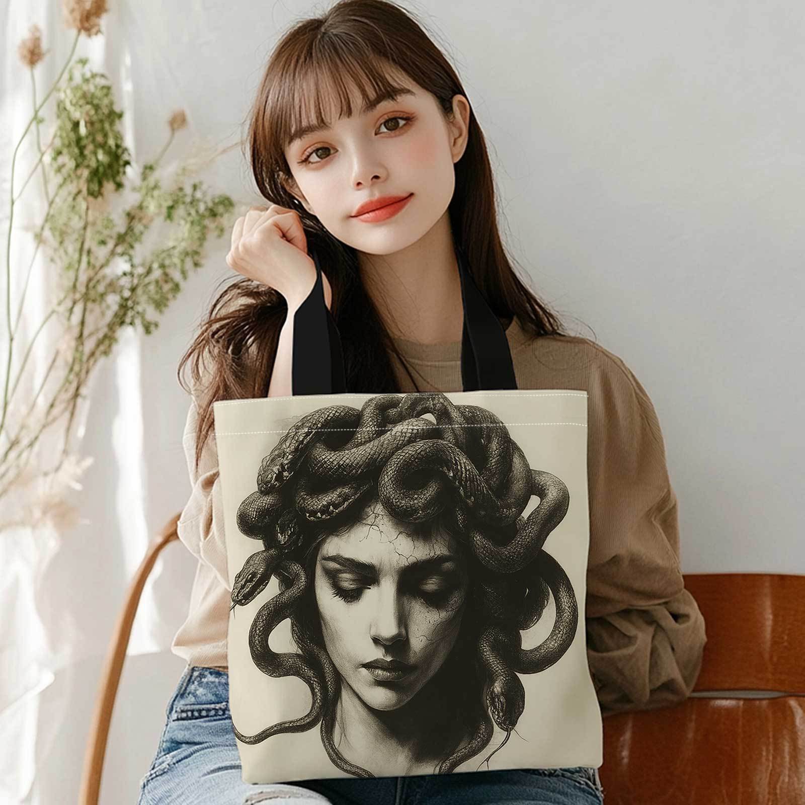양면 인쇄 쇼핑 토트백+메두사, 뱀, 흑백, 일러스트레 - Reusable Bag 리뷰 및 가격